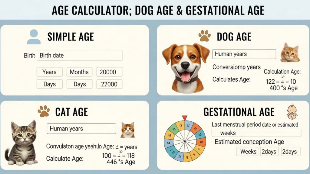 Age Calculator: Exact Age, Pet Years, Pregnancy & Zodiac Sign Age Calculator Simple Age, Dog Age, Cat Age & Gestational Age